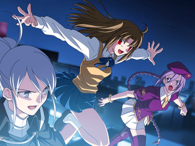 The Back Alley Alliance, consisting of Tsukihime/Melty Blood characters (from left to right) Riesbyfe, Satsuki, and Sion, ride out over the rooftops of a city at night.