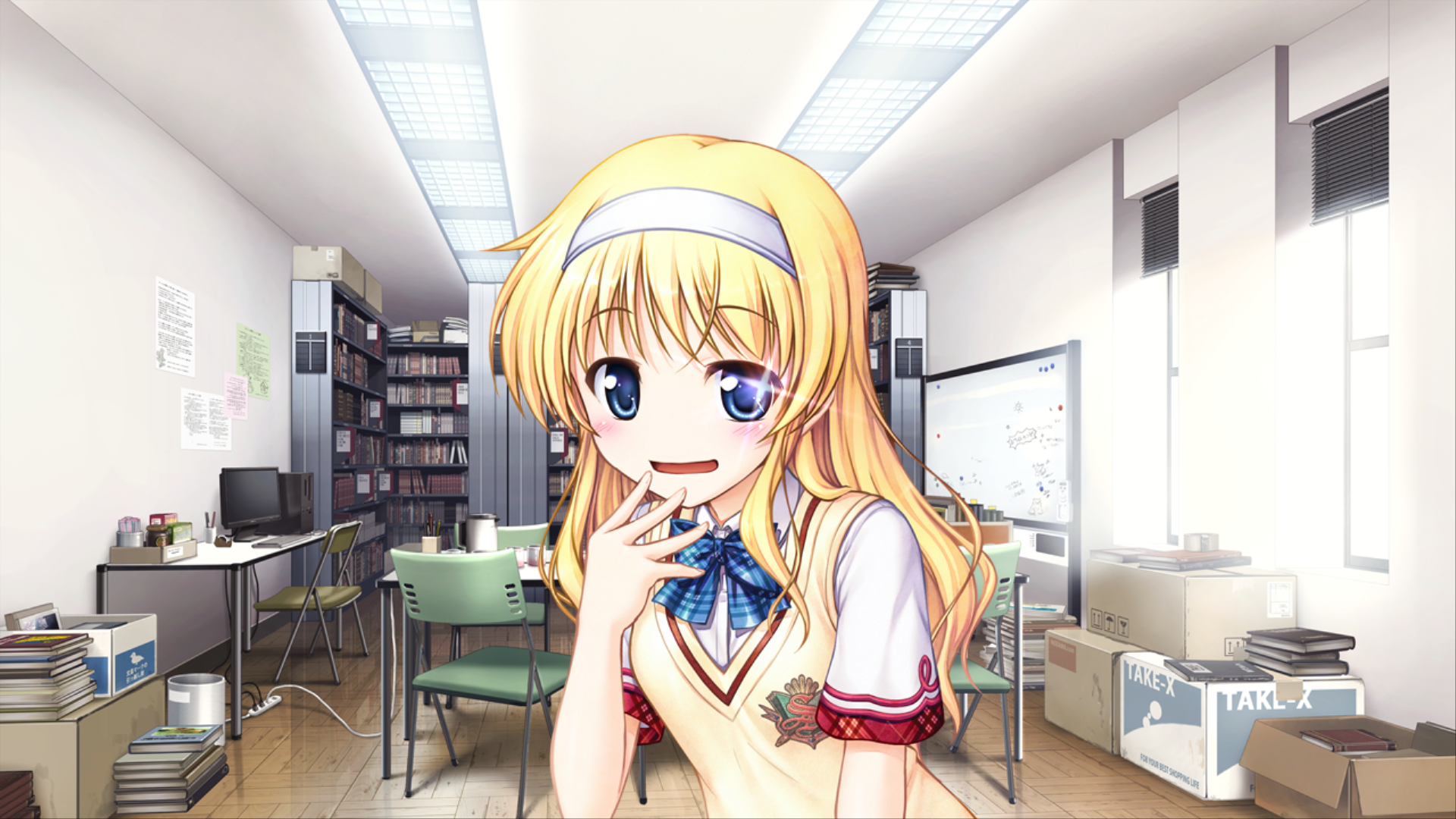 A blonde-haired anime girl grins at you, her eyes gleaming.