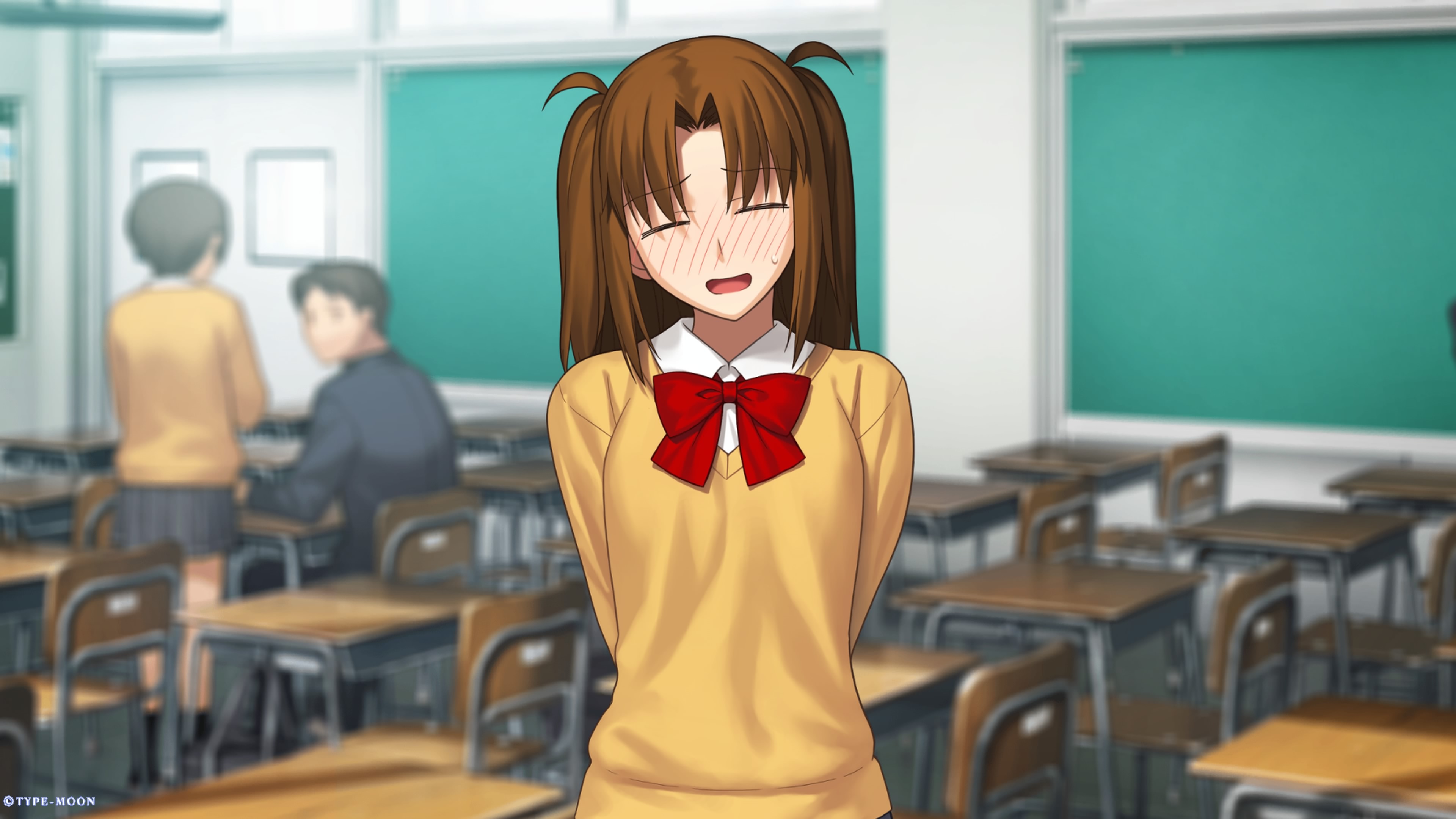 Melty Blood/Tsukihime characters (from top to bottom) Satsuki, Riesbyfe, Sion, Neco Arc, and Arcueid pose in front of a white background.